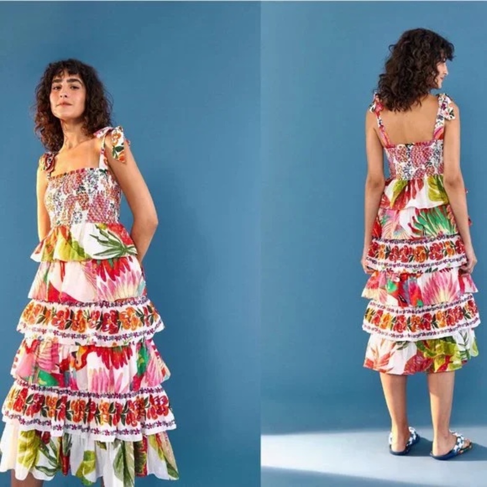 FARM RIO MIXED WHITE PRINTS LAYERED DRESS